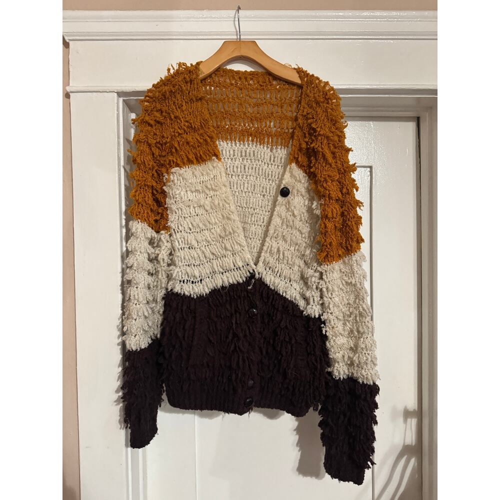 Vintage Color-Block Shaggy Loop-Knit Open-Stitch Cardigan
